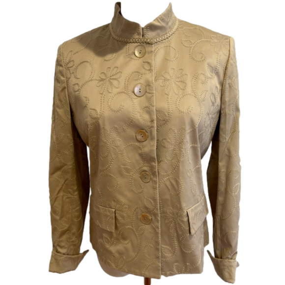 Jones New York Jackets & Blazers - NWOT TAN EMBROIDERED RELAXED FIT JACKET W MANDARIN COLLAR & ABALONE BUTTONS 8P